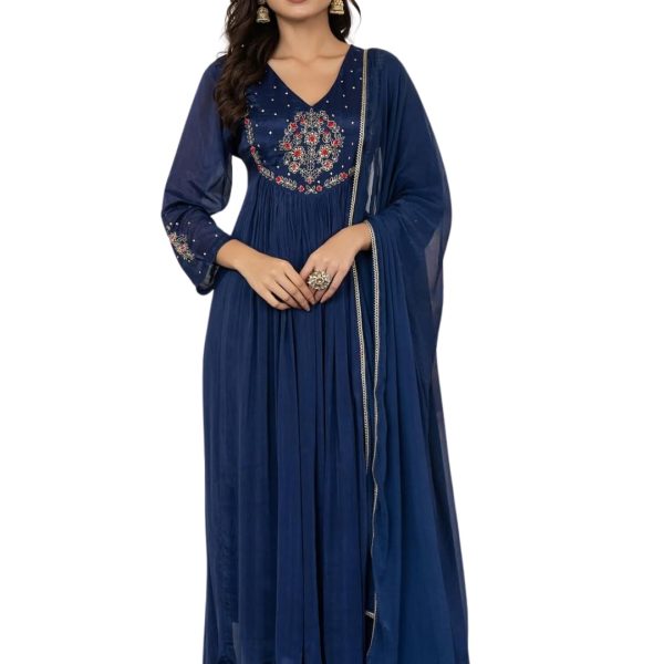 Naixa Women's Silk Chiffon Embroidered A-Line Kurta with Rayon Pant and Silk Chiffon Laced Dupatta Sets (NX-661)