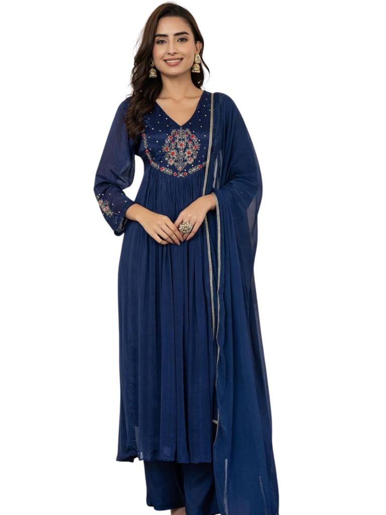 Naixa Women's Silk Chiffon Embroidered A-Line Kurta with Rayon Pant and Silk Chiffon Laced Dupatta Sets (NX-661)