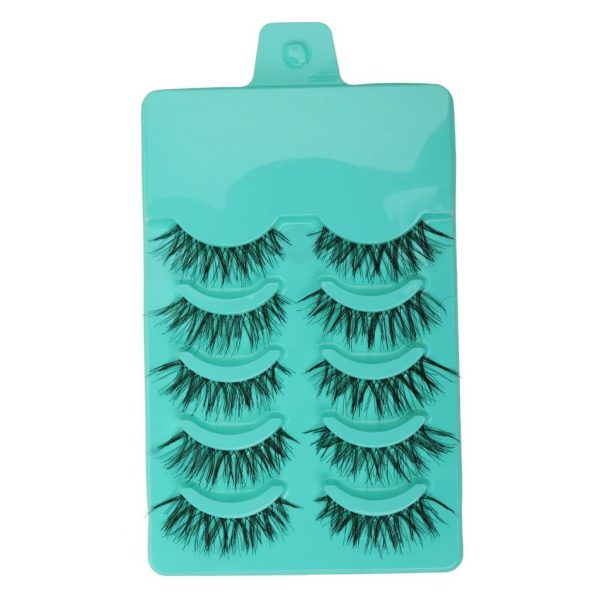 MAYCREATE® 5 Pairs Beauty Makeup Handmade Messy Cross Style False Eyelashes, Reusable Natural Fluffy Faux Lashes, Thick Long 15mm, Soft Comfortable No Glue Needed, Black Synthetic Fiber, Green