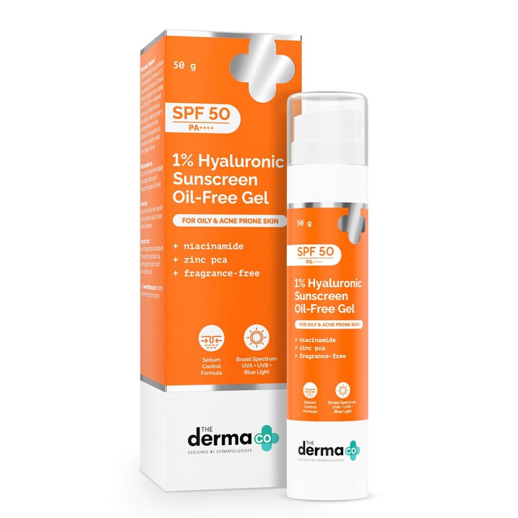 The Derma Co 1% Hyaluronic Sunscreen Oil-Free Gel SPF 50 PA++++ | For Oily, Acne-Prone Skin | Lightweight Texture | No White Cast | UVA/UVB, Broad Spectrum Protection & Blue Light Protection | Non- Comedogenic | Clinically Tested - (In -Vivo) | Tan Protection | Photostable | For Men & Women | 50 g