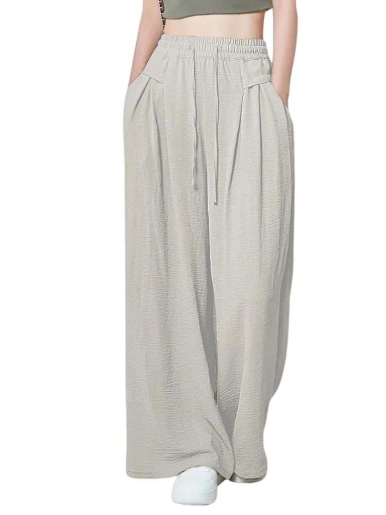 GRECIILOOKS Textured Trousers for Women | Women Loose Fit Trousers | Women's High-Waisted Pant | Women Trousers Pants | Korean Trousers for Women