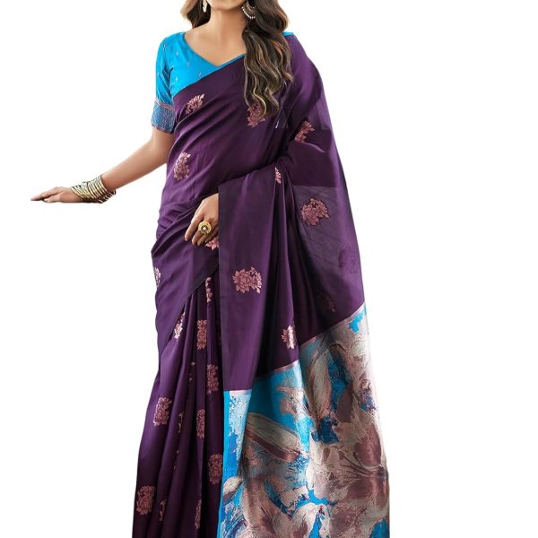 SWARON Women's Banarasi Jacquard Kanjivaram Silk Saree with Unstitched Blouse Piece