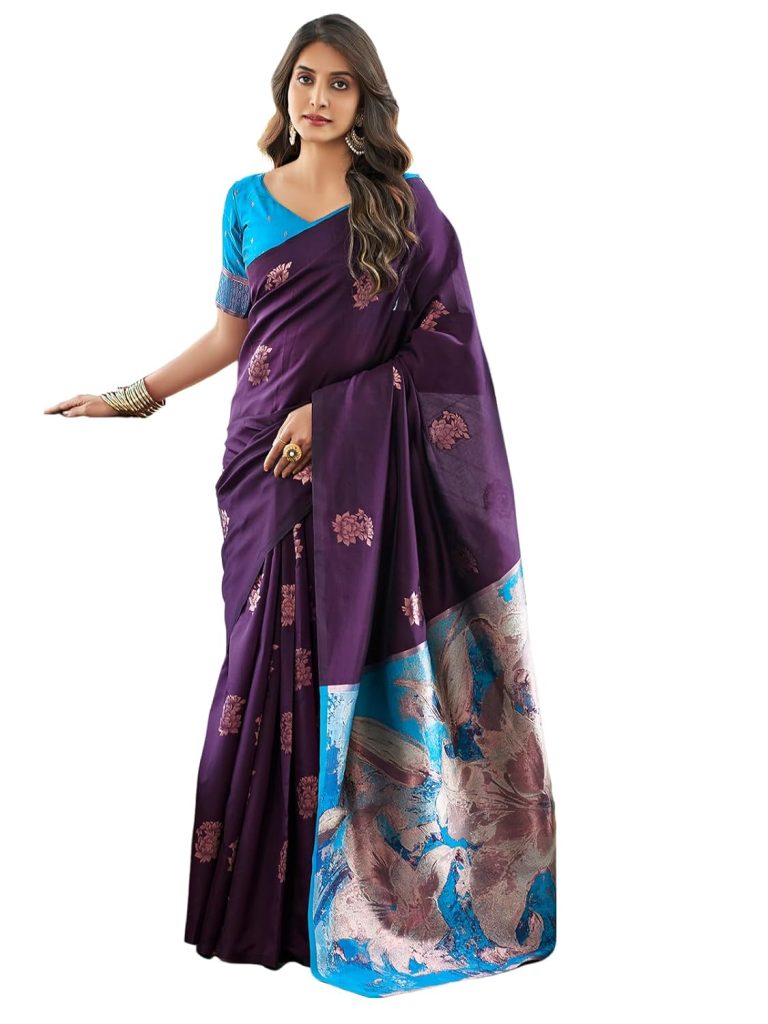 SWARON Women's Banarasi Jacquard Kanjivaram Silk Saree with Unstitched Blouse Piece