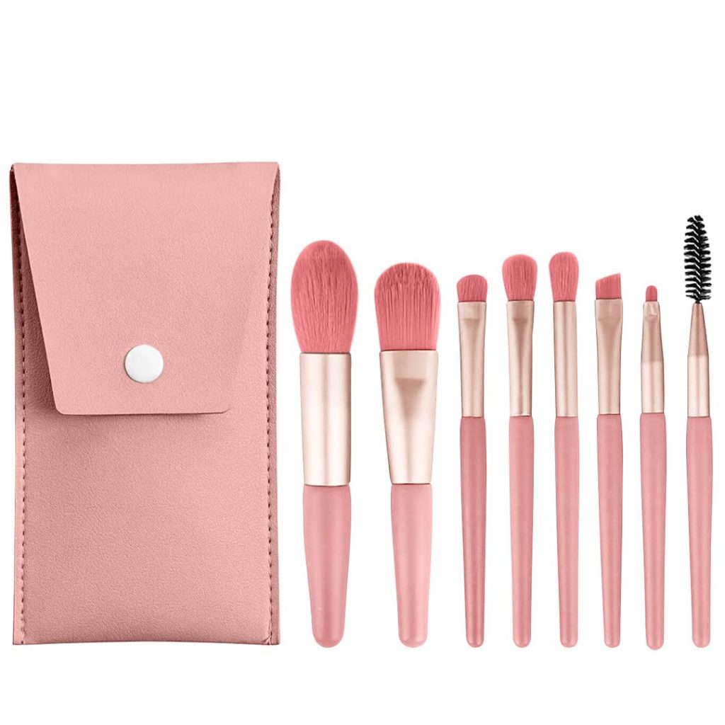 Gleva 8 Pcs Brush Set With Pouch, Makeup Brushes Premium Synthetic Kabuki Foundation, Concealers, Eye Shadows Professional Blush, Face Powder, Highlighter, Contour, Blending Eyeliner (Pink)