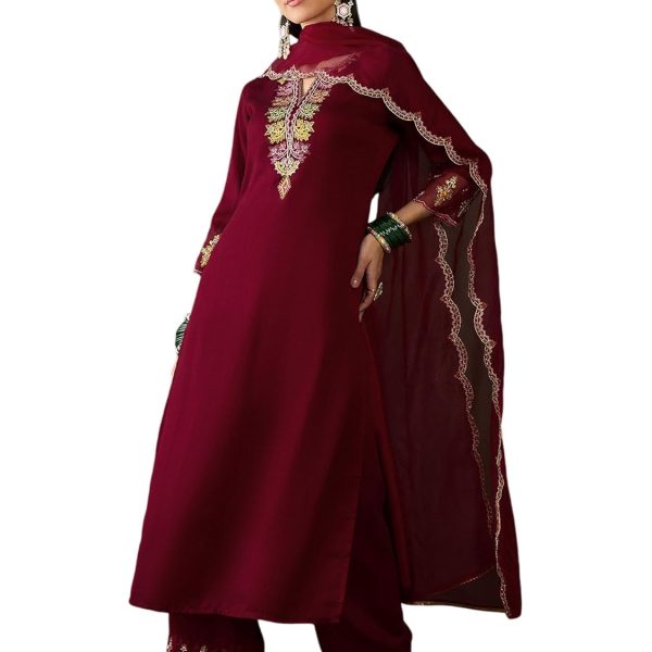 SheWill Women's Blue Embroidered V-Neck Cotton Blend Flared Hem Alia Cut Kurta with Trousers | Ethnic Festive & Occasion Wear Diwali Kurta Set