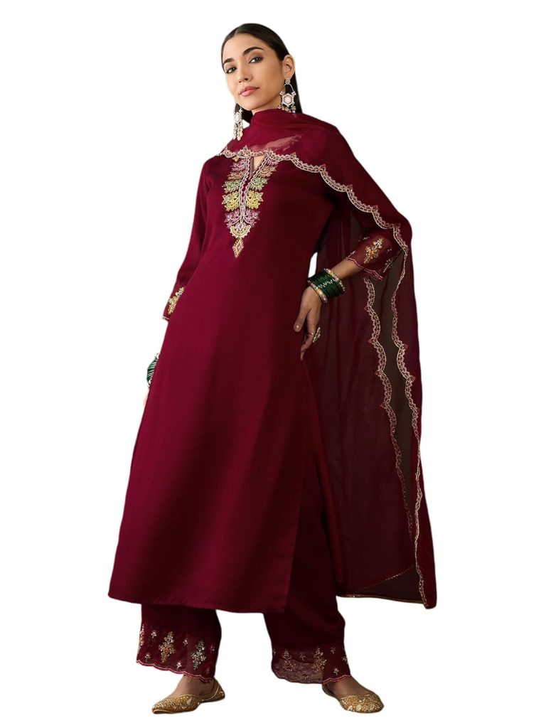 SheWill Women's Blue Embroidered V-Neck Cotton Blend Flared Hem Alia Cut Kurta with Trousers | Ethnic Festive & Occasion Wear Diwali Kurta Set