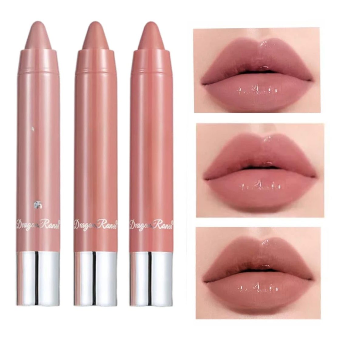 DJATI Nude Cryon Pen Glossy Lipsticks Combo of 3 Pcs - Long-Lasting Comfortable Colour with Smooth Finish, Lock-in Moisture, Perfect for Women & Girls