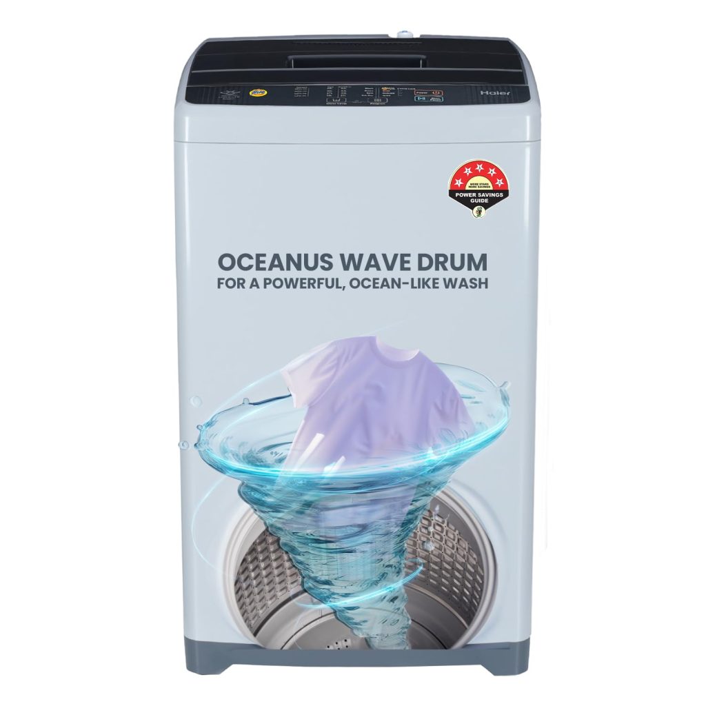 Haier 7 Kg 5 Star Fully Automatic Top Load Washing Machine with Oceanus Wave Drum, Magic Filter, 8 Wash Programs (HWM70-AE, Moonlight Silver, Stainless Steel Drum, 15 Mins Quick Wash)