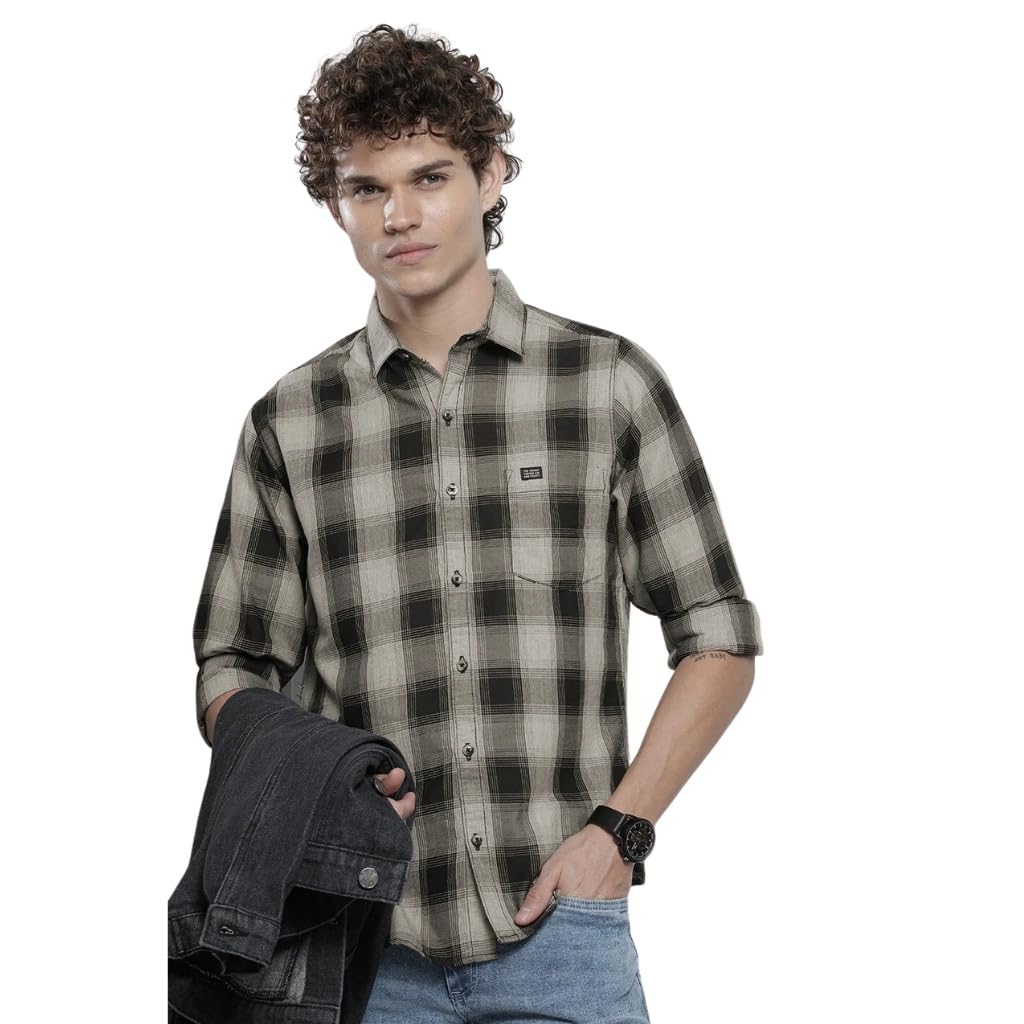 The Indian Garage Co Men's Cotton Slim Fit Checkered Full Sleeves Spread Collar Casual Shirt