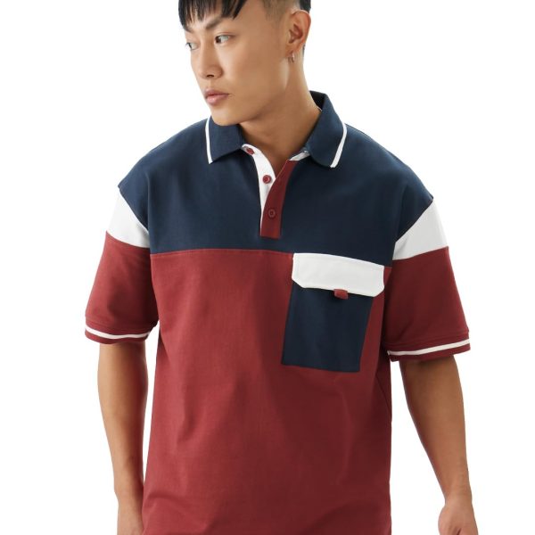 The Souled Store Color Block: Cayenne Men and Boys Short Sleeve Collared Neck Cotton Oversized Polos