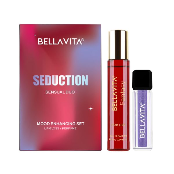 BELLAVITA Mood Enhancing Seduction Lip Gloss and Perfume Combo pack | Gift set | Mood Duos Perfume 15ml & Mood Matching pH Adapting Lip Gloss 4ml | Hydrating and Glossy Finish