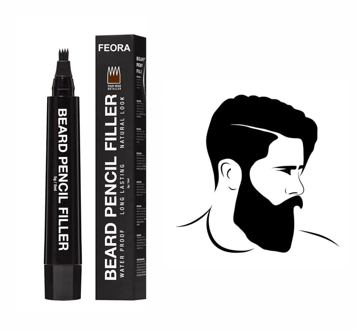 FEORA Beard Color Pencil for Men, Beard Filling Waterproof Sweat Proof Pen Kit for Patchy Areas/Male Mustache Repair Shape, Beard, Moustache & Eyebrows, Enhance Facial Hair, Mustache and Beard