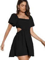Aahwan Solid Summer Beach Square Neck Puff Sleeve Cut Out Waist Mini Dress For Women's & Girls