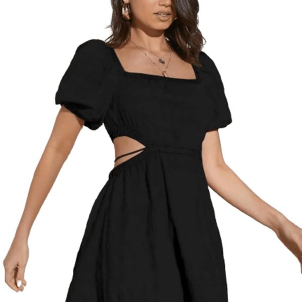 Aahwan Solid Summer Beach Square Neck Puff Sleeve Cut Out Waist Mini Dress For Women's & Girls