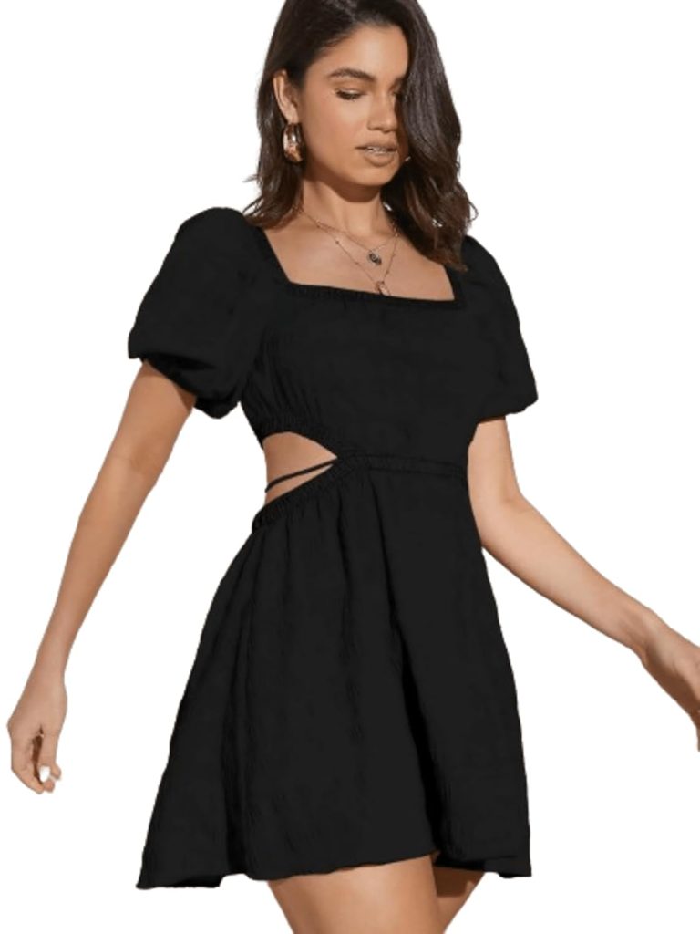 Aahwan Solid Summer Beach Square Neck Puff Sleeve Cut Out Waist Mini Dress For Women's & Girls