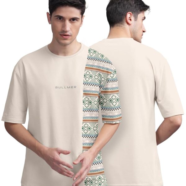 BULLMER Beige Front and Back Printed/Colourblock Baggy/Oversized Tshirt for Men