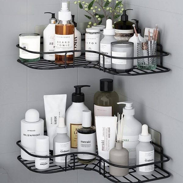 Oslen Multipurpose Bathroom/Kitchen Corner Storage Organizer Wall Mounted Rack Shelf Shower Caddy (No Drilling - Shelf Adhesive) Bathroom Accessories Storage Rack (Black, Pack of 1)