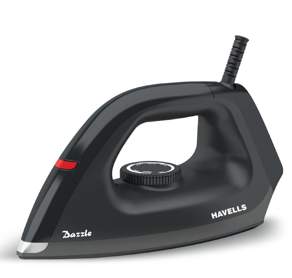 Havells Dry Iron Dazzle 1100 Watts, Iron Press, Greblon Non Sick Sole Plate with German Technology, Shock Proof Body, Aerodynamic Design, 360° Swivel Cord, 2 Year Manufacturer Warranty (Black) Plastic
