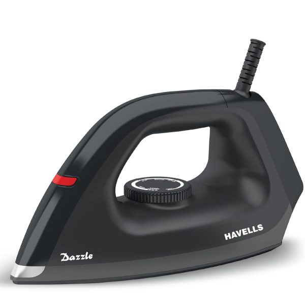Havells Dry Iron Dazzle 1100 Watts, Iron Press, Greblon Non Sick Sole Plate with German Technology, Shock Proof Body, Aerodynamic Design, 360° Swivel Cord, 2 Year Manufacturer Warranty (Black) Plastic