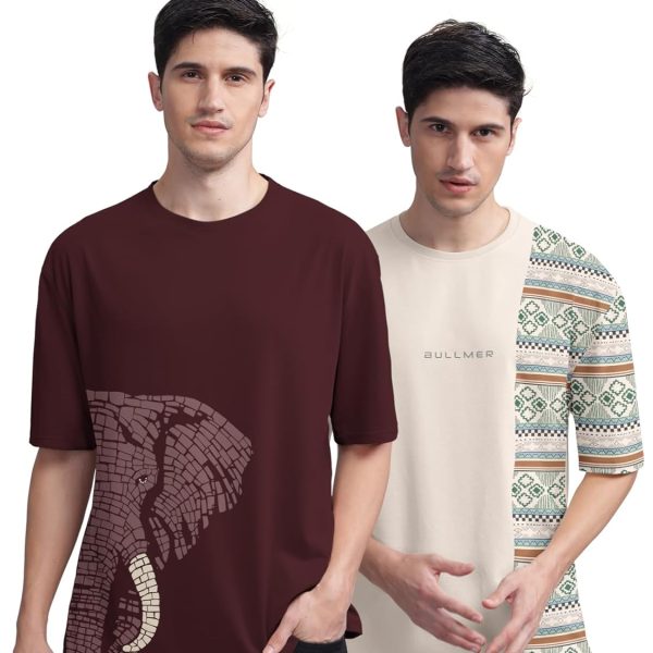 BULLMER Trendy Front and Back Printed Oversized Round Neck T-Shirt for Men - Pack of 2