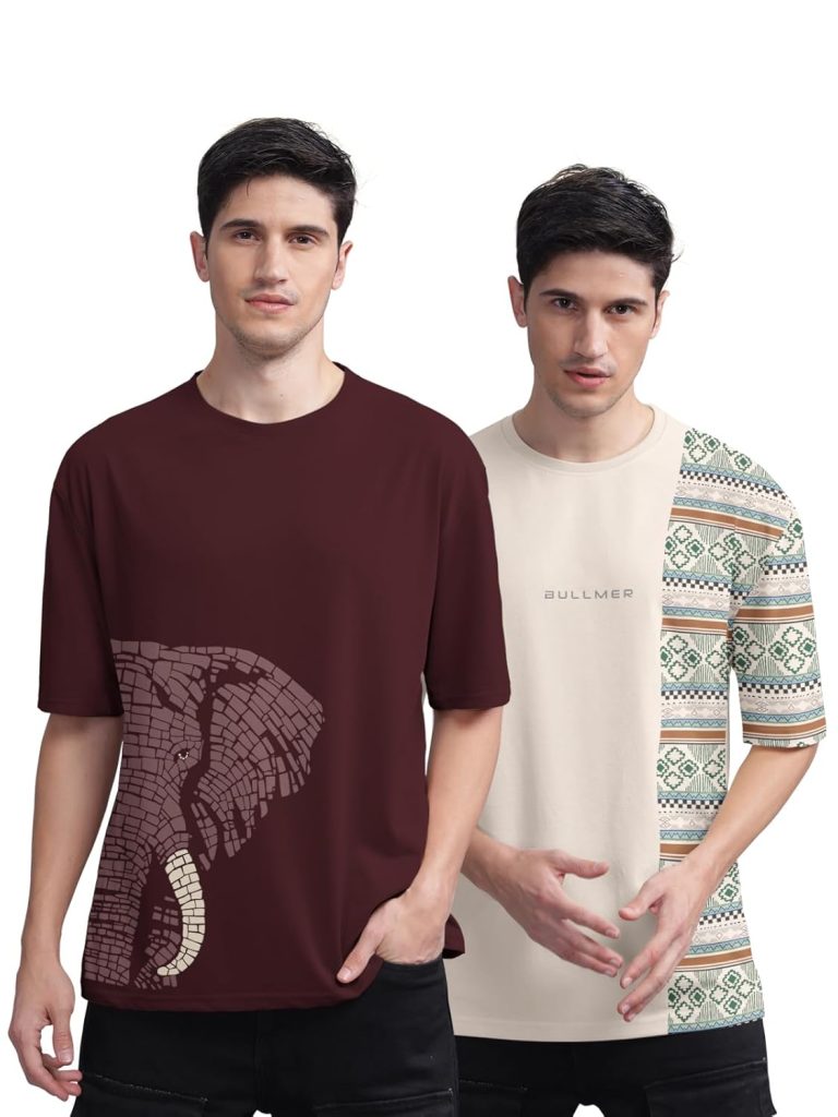 BULLMER Trendy Front and Back Printed Oversized Round Neck T-Shirt for Men - Pack of 2