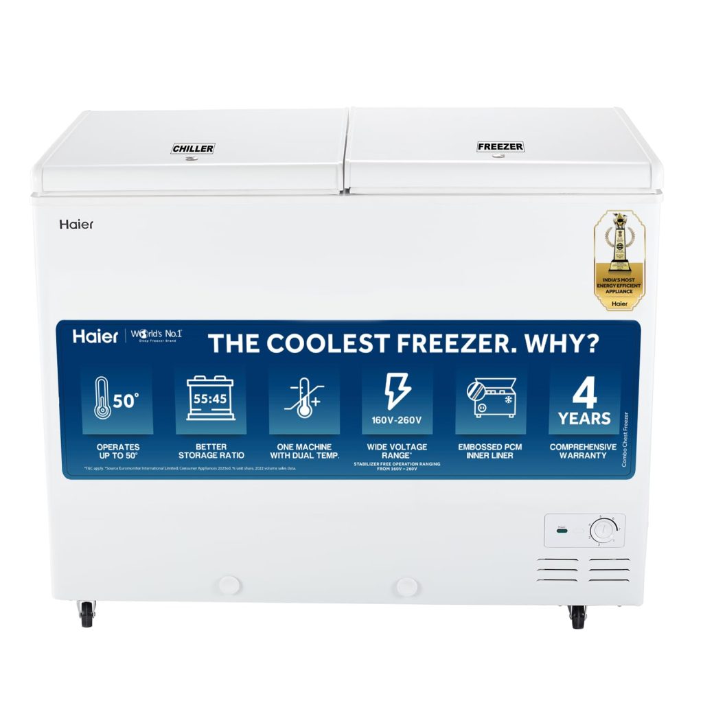 Haier HFC-325CM5, Double Door Combo Deep Freezer, Dual Compartment (Freeze & Chill together), Heavy Duty Compressor, metal liner with 4 Years Comprehensive Warranty (White)