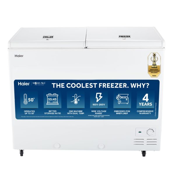 Haier HFC-325CM5, Double Door Combo Deep Freezer, Dual Compartment (Freeze & Chill together), Heavy Duty Compressor, metal liner with 4 Years Comprehensive Warranty (White)