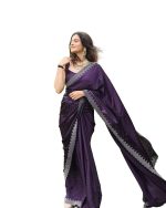 Yashika Women's Hot Fix Solid Color Satin Moss Saree with Unstitched Blouse Material