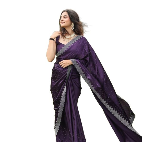 Yashika Women's Hot Fix Solid Color Satin Moss Saree with Unstitched Blouse Material