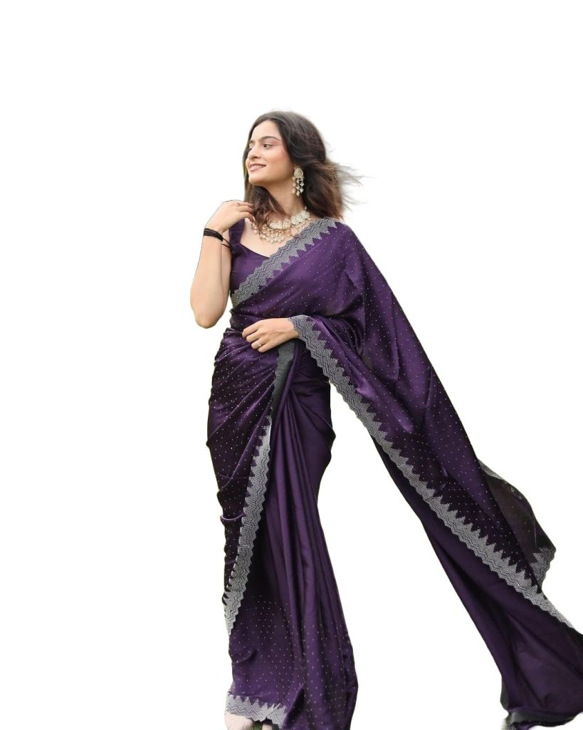 Yashika Women's Hot Fix Solid Color Satin Moss Saree with Unstitched Blouse Material