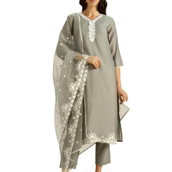 Kaari Women's Solid Color Kurta Set with Dupatta - Straight Fit | Silk Blend Fabric | Embroidery & Lace on Border | Organza Dupatta with Embroidery | Straight Pant with Side Pocket