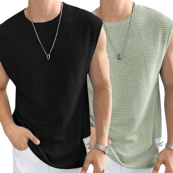 NETCLICK®Mens Waffle Tank Tops Sleeveless Round Neck Polycotton T-Shirt Vest(Pack of 2)