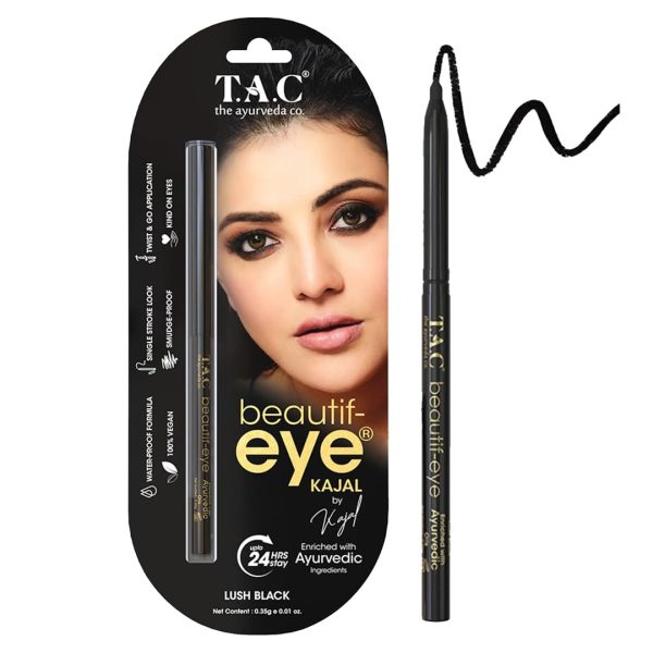 TAC Beautify Kajal With Vitamin E & Almond Oil | 24Hr Stay | Smudge-Proof & Water-Proof | Matte Finish & Highly Pigmented | Ayurvedic Eye Kajal For Bold Look | 0.35gm