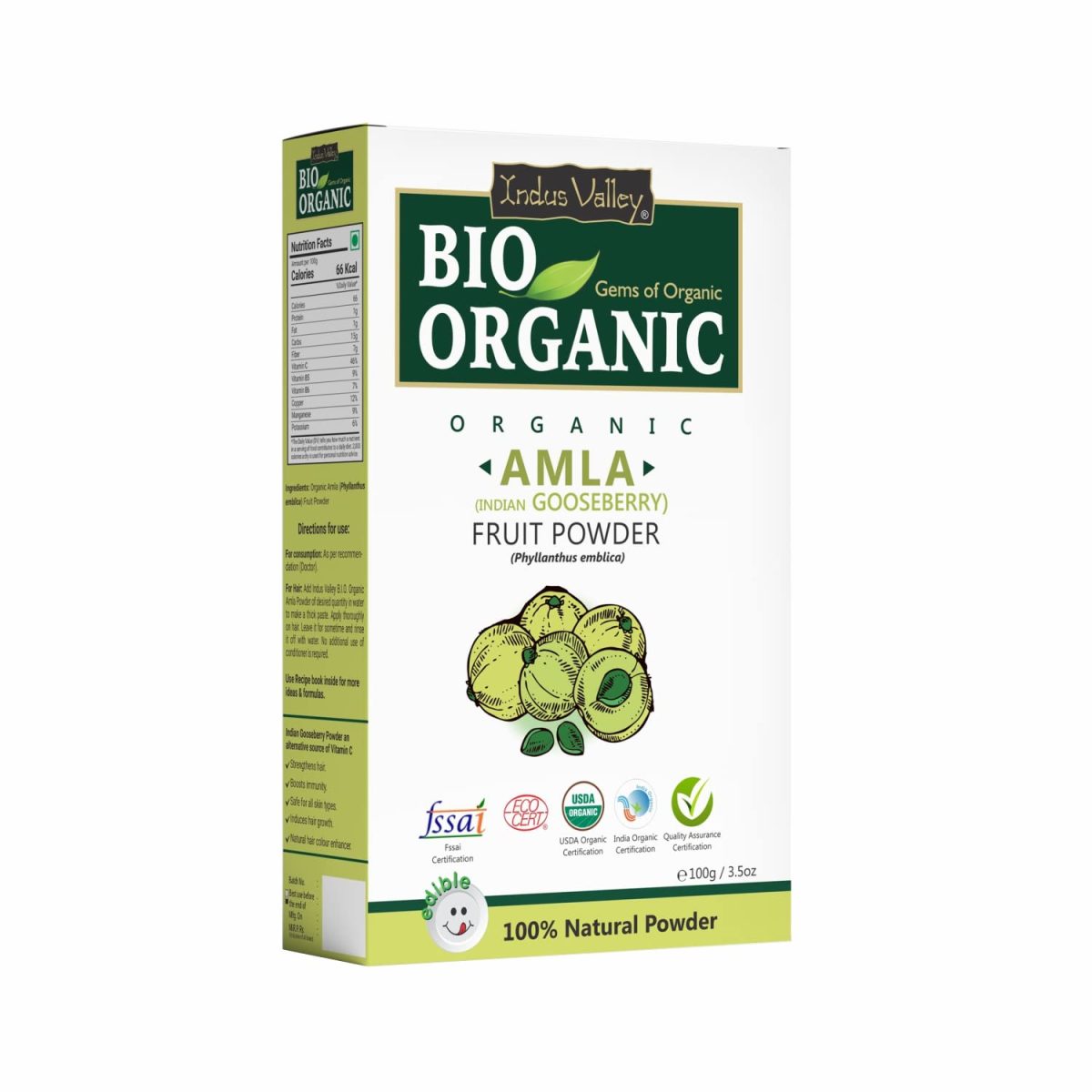 INDUS VALLEY Bio Organic 100% Natural Amla Indian Gooseberry Fruit Powder for Hair Growth, Skin, Drinking and Eating - 100g