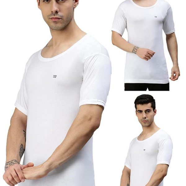 Lux Cozi Men's White Round Neck Half Sleeves 100% Cotton Modern Fit Vest With Extended Length For Easy Tuck (Pack Of 3)