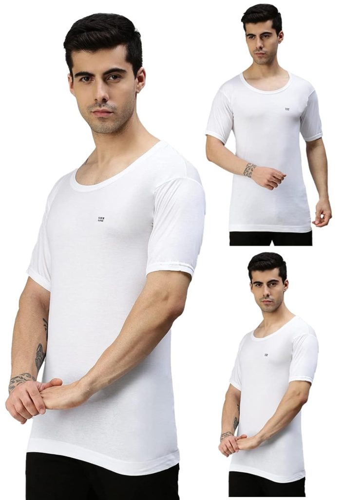 Lux Cozi Men's White Round Neck Half Sleeves 100% Cotton Modern Fit Vest With Extended Length For Easy Tuck (Pack Of 3)