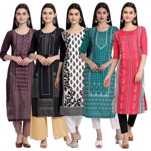 Pinkmint Women's Printed Kurti for Women's Round Neck Straight Kurti for Women (Pack of 5)