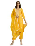 Kaari Women's Solid Color Kurta Set with Dupatta - Straight Fit | Silk Blend Fabric | Placement Embroidery on Neck | Organza Dupatta with Booti Work | Straight Pant with Side Pocket & Hem Embroidery