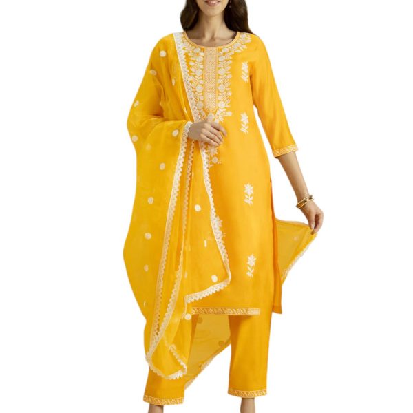 Kaari Women's Solid Color Kurta Set with Dupatta - Straight Fit | Silk Blend Fabric | Placement Embroidery on Neck | Organza Dupatta with Booti Work | Straight Pant with Side Pocket & Hem Embroidery