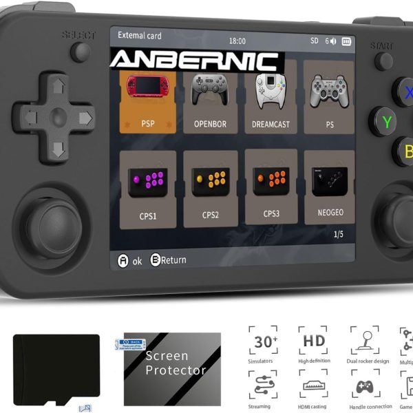 New World Anberni-c RG35XX H Retro Handheld Game Console 3.5 in IPS Screen Built-in 3300mAH Battery 64G TF Card Preinstalled 5528 Classic Games (Black)