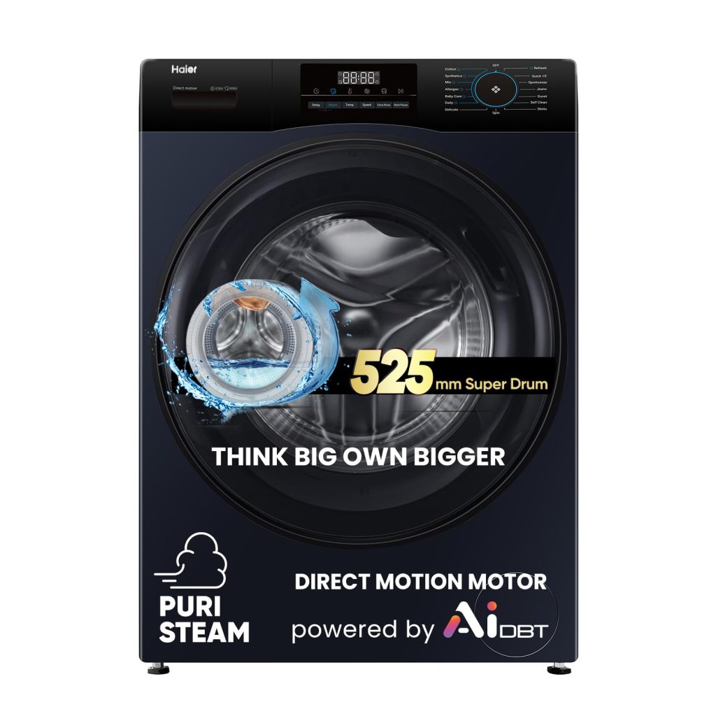 Haier 9 Kg 5 Star Powered by AI-DBT with Direct Drive Technology, PuriSteam, 525mm Super Drum Fully Automatic Front Load Washing Machine (EFL90-DM14IBIEBK,In-Built Heater,Steel Drum,Black)