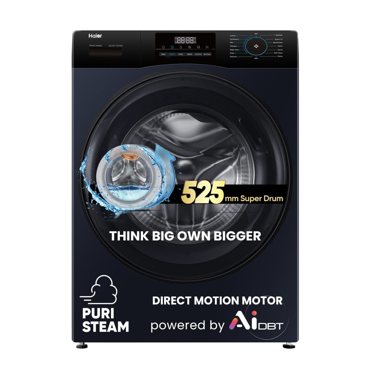 Haier 9 Kg 5 Star Powered by AI-DBT with Direct Drive Technology, PuriSteam, 525mm Super Drum Fully Automatic Front Load Washing Machine (EFL90-DM14IBIEBK,In-Built Heater,Steel Drum,Black)