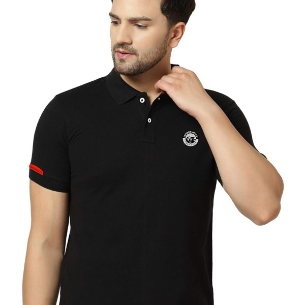 London Hills Men's Half Sleeve Cotton Blend Casual Polo Neck Regular Fit Non-Shrinkable Black T-Shirt (with Badge on Chest)