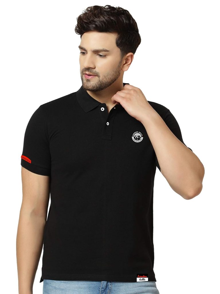 London Hills Men's Half Sleeve Cotton Blend Casual Polo Neck Regular Fit Non-Shrinkable Black T-Shirt (with Badge on Chest)