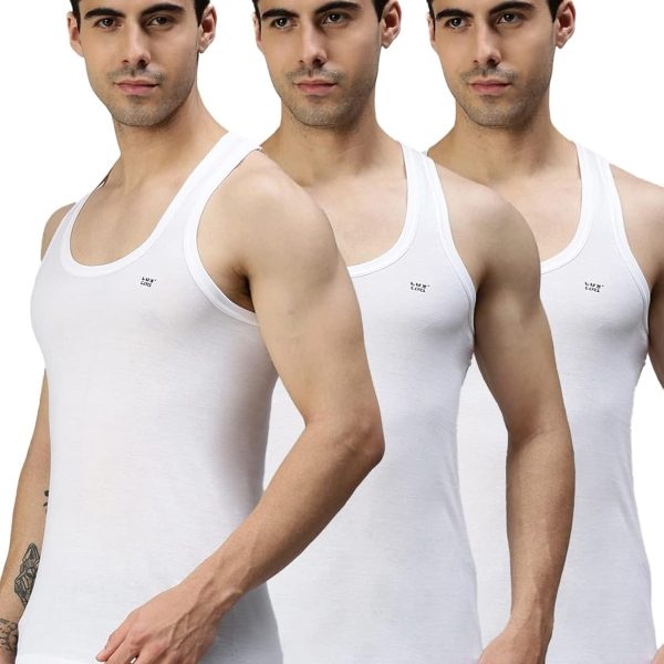 Lux Cozi Men's White Round Neck Sleeveless Cotton Vest (Pack of 3)