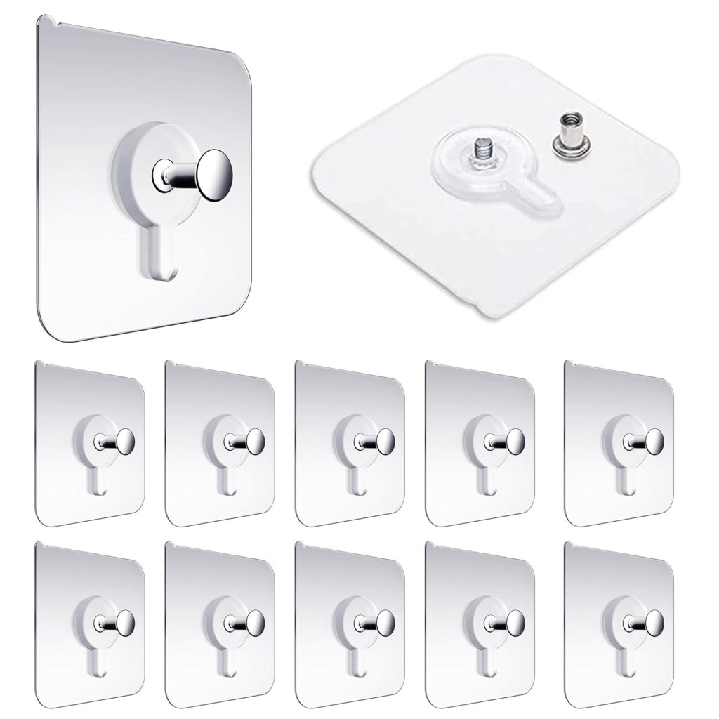 Misamo Enterprise Wall Hooks Without Drilling Waterproof Hooks for Bathroom Shower Kitchen Keys Door Outdoor Home Improvement Utility Hook (Pack of 10, Photo Frame Hook) Clear, Stainless Steel