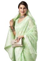 AKHILAM Women's Soft cotton silk Botanical saree with lucknowi chikankari weaving saree With Unstitched Blouse Piece