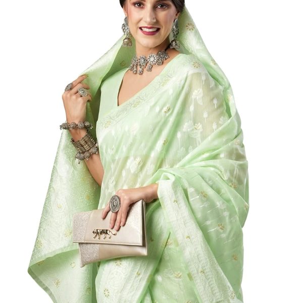AKHILAM Women's Soft cotton silk Botanical saree with lucknowi chikankari weaving saree With Unstitched Blouse Piece