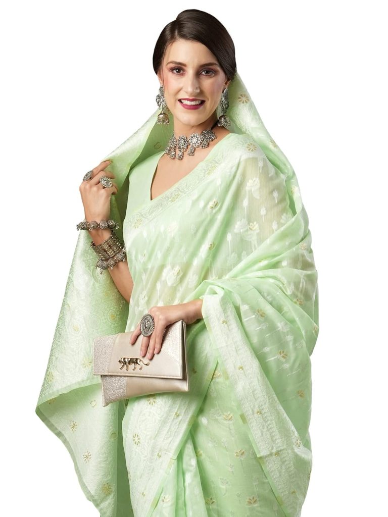 AKHILAM Women's Soft cotton silk Botanical saree with lucknowi chikankari weaving saree With Unstitched Blouse Piece