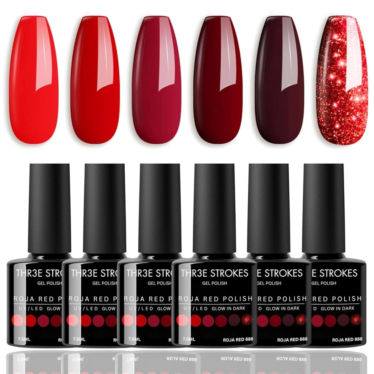 THR3E STROKES Gel Nail Polish Set - 6 Colors Gel Polish Glitter Burgundy Sparkle Bloody Red Nail Polish Gel Manicure DIY Salon Nail Art Gifts (ROJA RED 888), 7.5 ml, Glossy Finish